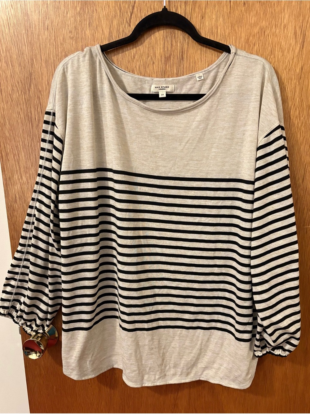 Max Studio Cream and Black Striped Boatneck Sweatshirt Material Top